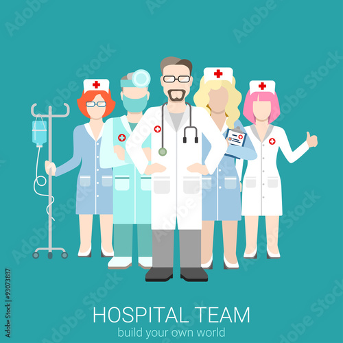 Flat vector hospital team staff management: doctor nurse nursing