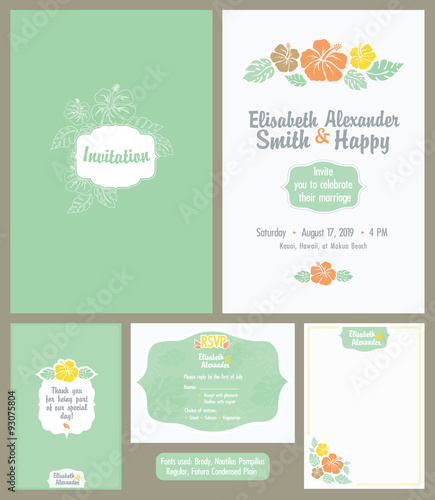 Vector Hawaiian Wedding Invitation Set. Light Green. Elisabeth