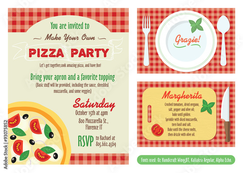 Vector Make Your Own Pizza Party Invitation Set. Recipe Card