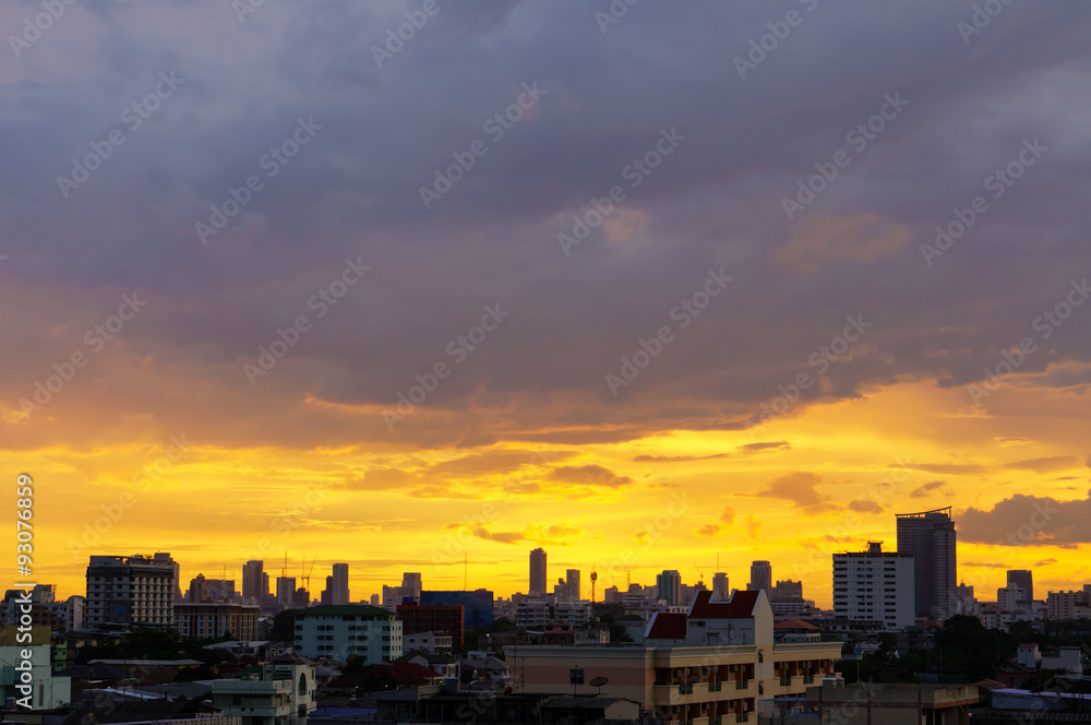 view of Bangkok downtown city night lights with sunset