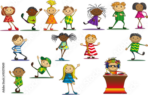 Joyful children in colorful dress dancing next to DJ