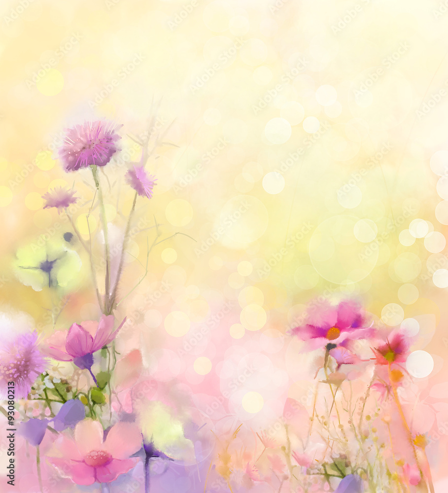 Oil painting nature grass flowers. Hand paint close up pink cosmos flower, pastel floral and shallow depth of field. Blurred nature background.Spring flowers background with bokeh