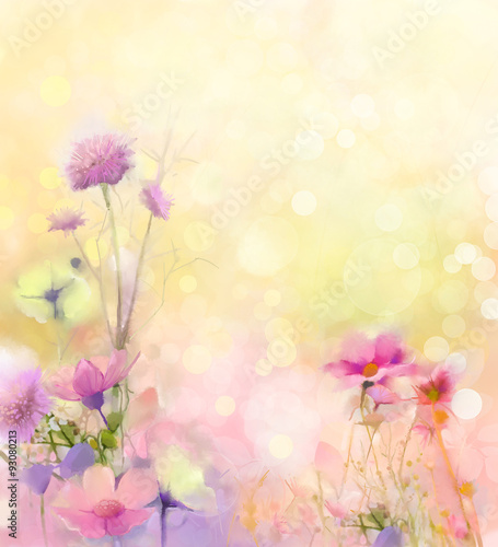Oil painting nature grass flowers. Hand paint close up pink cosmos flower, pastel floral and shallow depth of field. Blurred nature background.Spring flowers background with bokeh © nongkran_ch