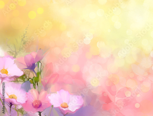 Oil painting nature grass flowers. Hand paint close up pink cosmos flower, pastel floral and shallow depth of field. Blurred nature background.Spring flowers background with bokeh