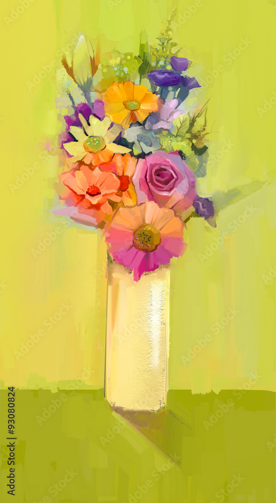 Fototapeta premium Still life of white, yellow and red color flowers .Oil painting a bouquet of rose,daisy and gerbera flowers in vase on green color background. Hand Painted floral modern Impressionist style
