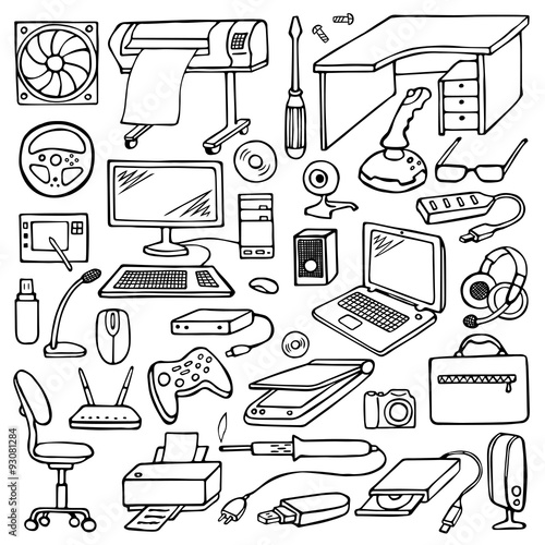 Hand drawn doodle computer set