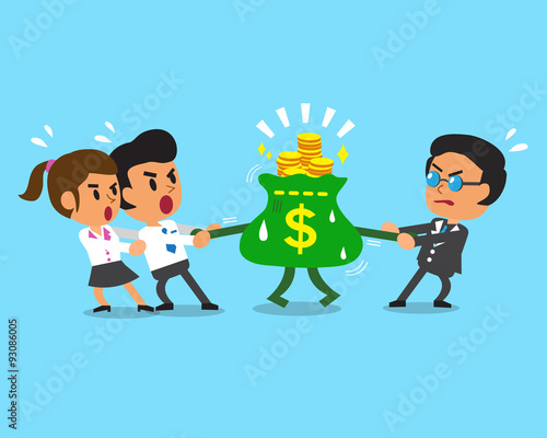 Cartoon business team and boss pulling money bag