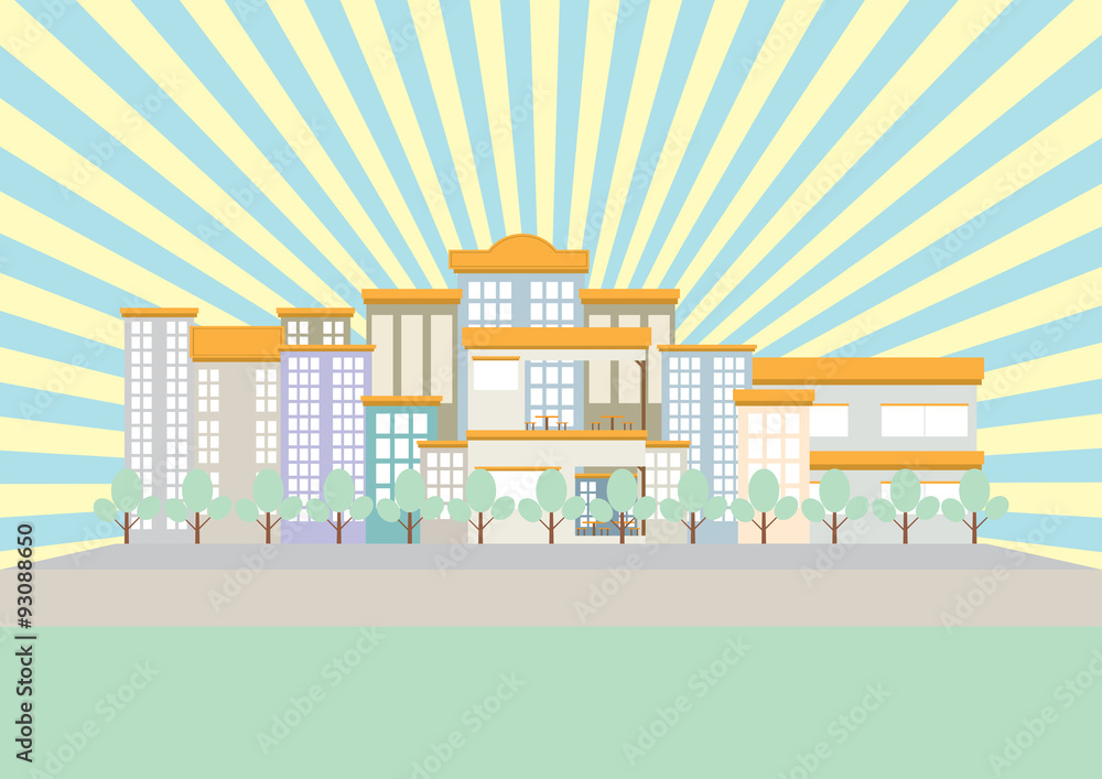 Landscape of city with building and sun ray flat design soft light color tone. Vector illustration.