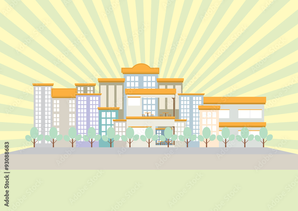 City with building and sun ray flat design soft light color tone