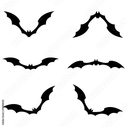 Set of bats flying black color on white background. Vector illus