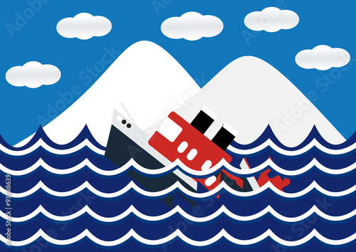 Sinking ship with iceberg and wave flat design. Vector Illustration.