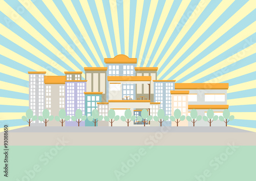 Fototapeta Naklejka Na Ścianę i Meble -  Landscape of city with building and sun ray flat design soft light color tone. Vector illustration.