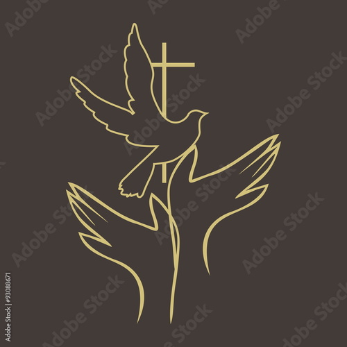 Church logo. Hands, dove, holy spirit, cross, icon