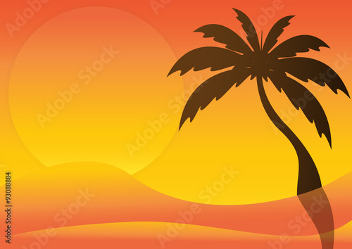 Silhouette of desert with sunrise and palm tree.