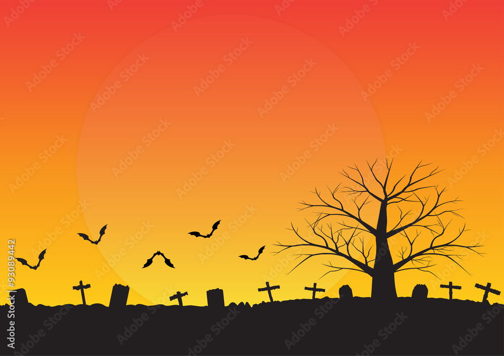 silhouette scene of gravestone and dead tree. 