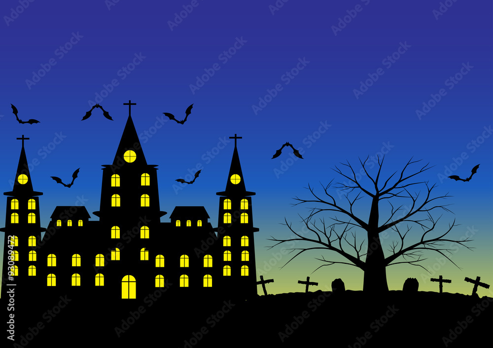 Church and graveyard with dead tree and flying bats and blue sky