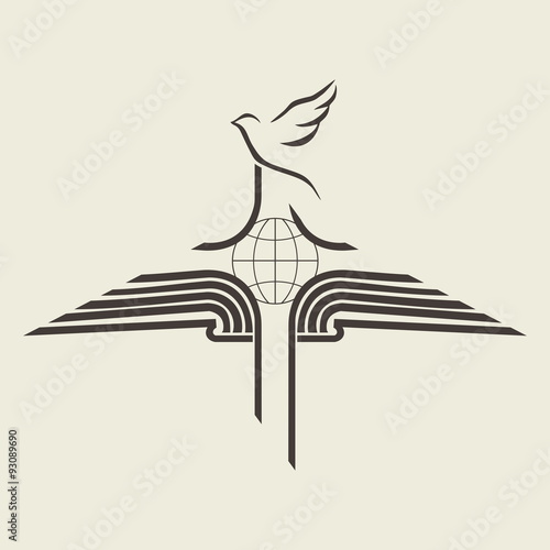 Church logo. Globe, cross, open Bible, icon, mission trip, missions, spread the word of God, church
