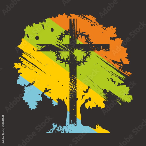 Church logo. Cross, crown of thorns, on colorful tree