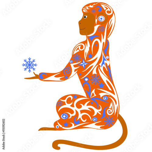 Symbol of year, a monkey with a snowflake, a macaque an illustration, the animal with a pattern from snowflakes, 