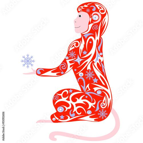 Symbol of year, a monkey with a snowflake, a macaque an illustration, the animal with a pattern from snowflakes,a creature with design, a symbol of the Chinese new year, composition from curls,
