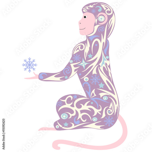 Symbol of year, a monkey with a snowflake, a macaque an illustration, the animal with a pattern from snowflakes, New Year's an animal, holds a paw, a monkey a vector, 