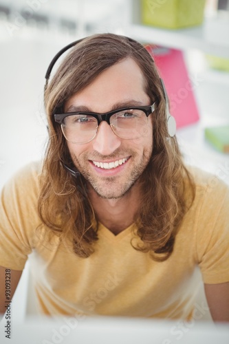 Close-up portrait of hipster wearing headphones