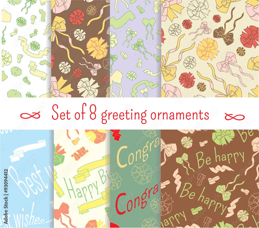 Fototapeta premium Set of eight greeting ornaments. Bows and ribbons in vintage style.