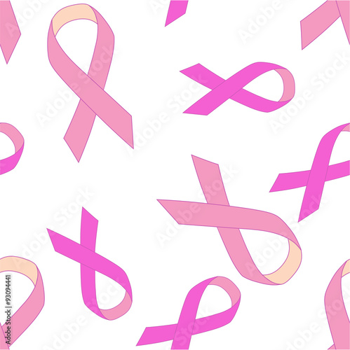 Vector illustration of realistic pink ribbon, breast cancer awareness symbol. Seamless pattern background made with ribbon symbols.