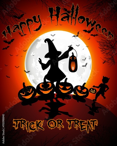 Halloween on full moon background pumpkins and a little girls