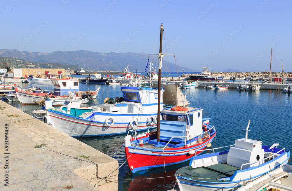 Peaceful harbour, port and marina of Ormos Marathokampos on the Greek island of Samos in the Aegean Sea near Turkey