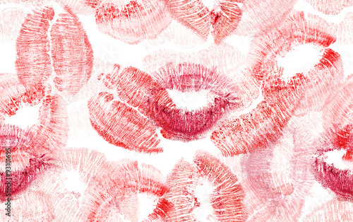 seamless background with red lips imprints on white