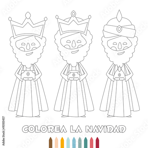 Christmas monochrome outline, three wise men, coloring, vector