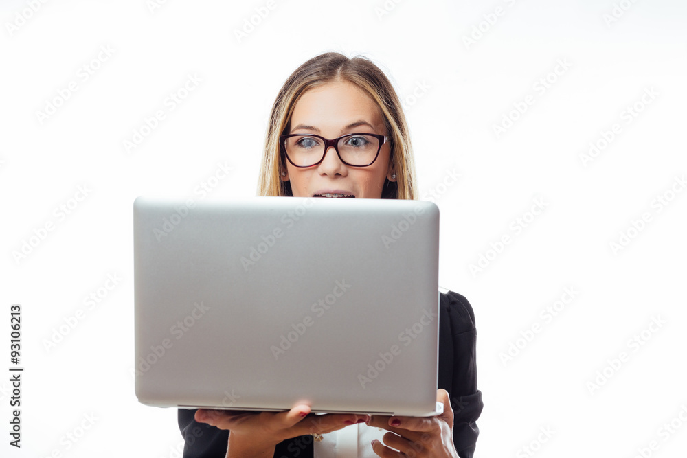 Surprised student with notebook isolated on white background