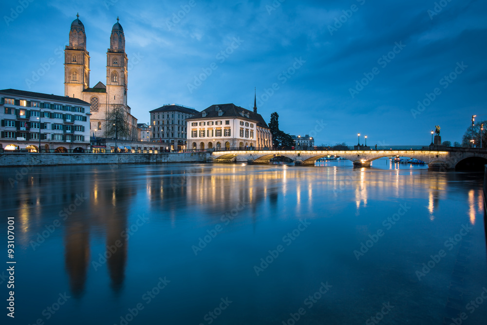 Zurich, Switzerland - nightview with Grossmunster church