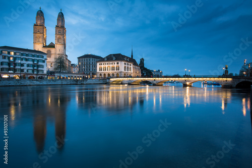 Zurich, Switzerland - nightview with Grossmunster church