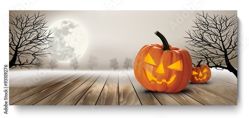Holiday Halloween Banner with Pumpkins and Moon. Vector
