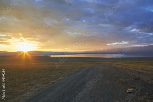 Sunset over mountain lake Uureg nuur