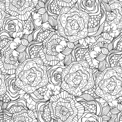 Doodle flowers seamless pattern. Zentangle black and white background.