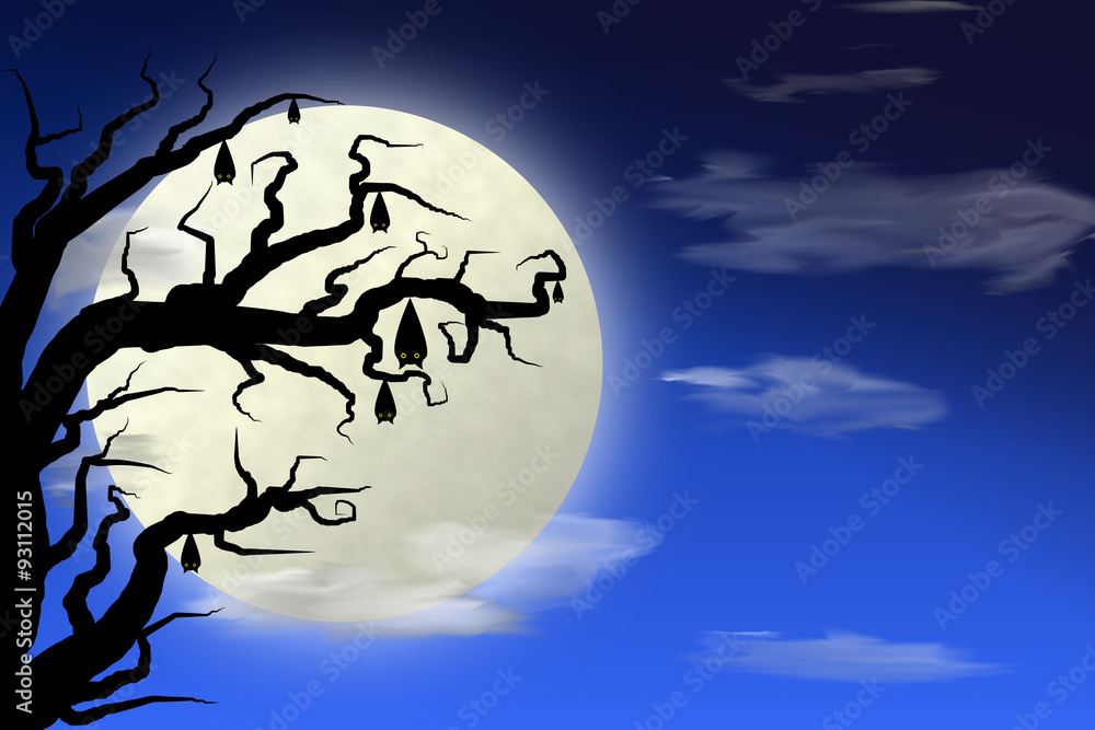 Illustration of halloween night with dark blue sky and full moon, bat on a tree