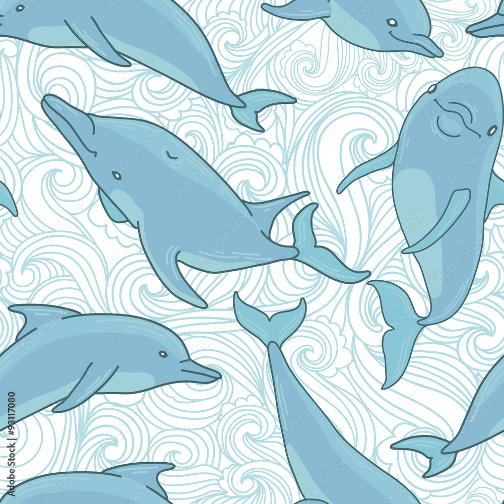 Obraz premium Seamless background with dolphins and waves. Vector illustration.