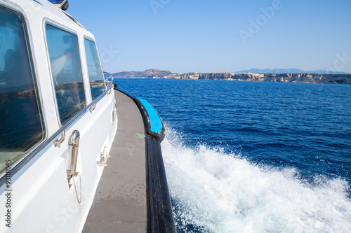 Fast motor boat underway, view from the cabin © evannovostro