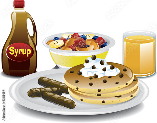 Illustration of a complete breakfast with chocolate chip pancakes, sausage, fruit bowl and orange juice.