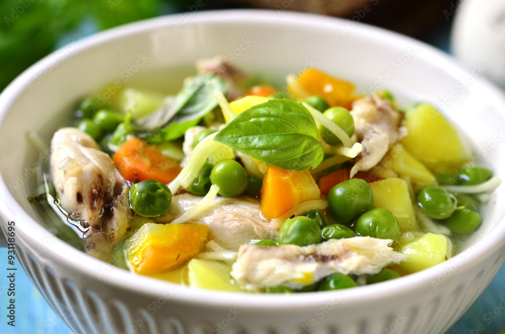Vegetable soup with chicken and vermicelli.