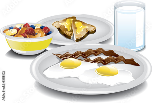 Illustration of a complete breakfast with fried eggs, bacon, a fruit bowl, buttered toast and a glass of milk.