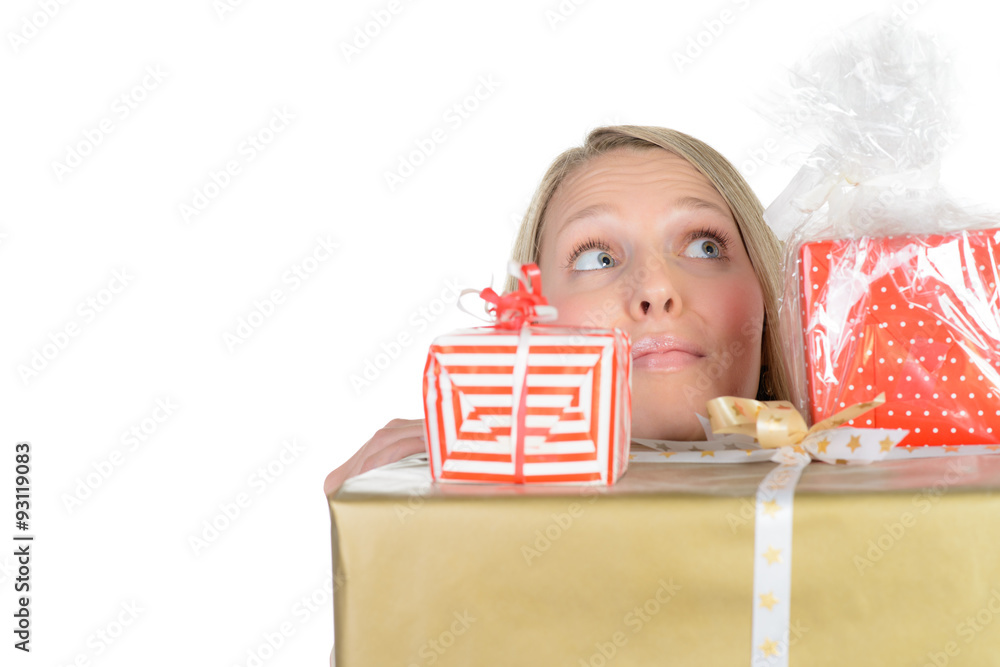 beautiful girl with many present boxes smiles beautiful girl with many present boxes smiles