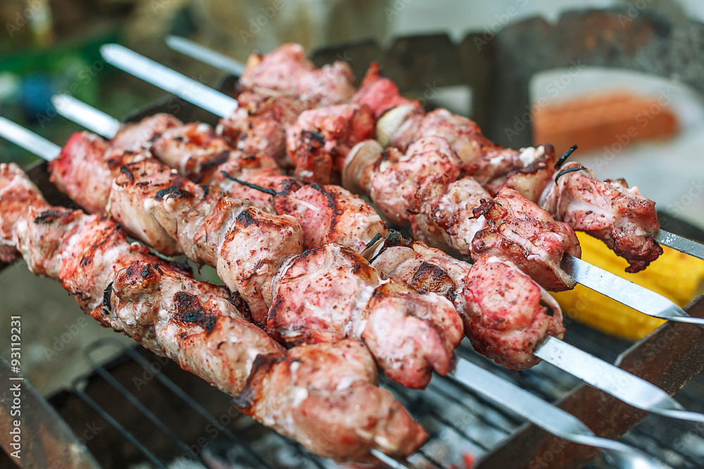 Barbecue roasted meat kebab hot grill, good snack outdoor picnic