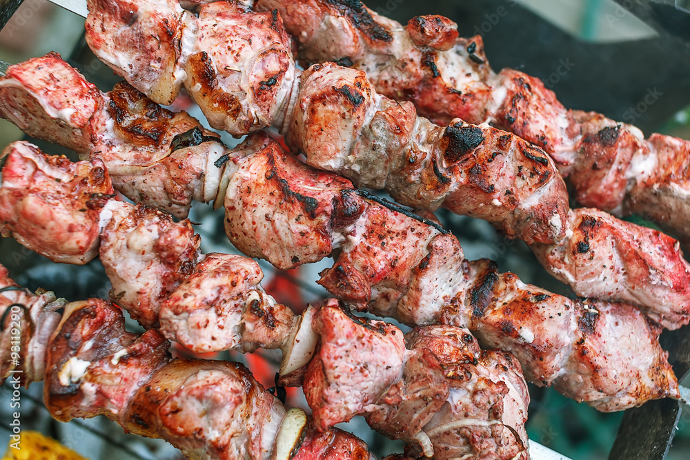 Barbecue roasted meat kebab hot grill, good snack outdoor picnic Barbecue roasted meat kebab hot grill, good snack outdoor picnic