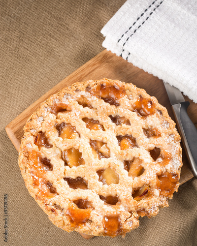 Whole rustic apple pie shown from above