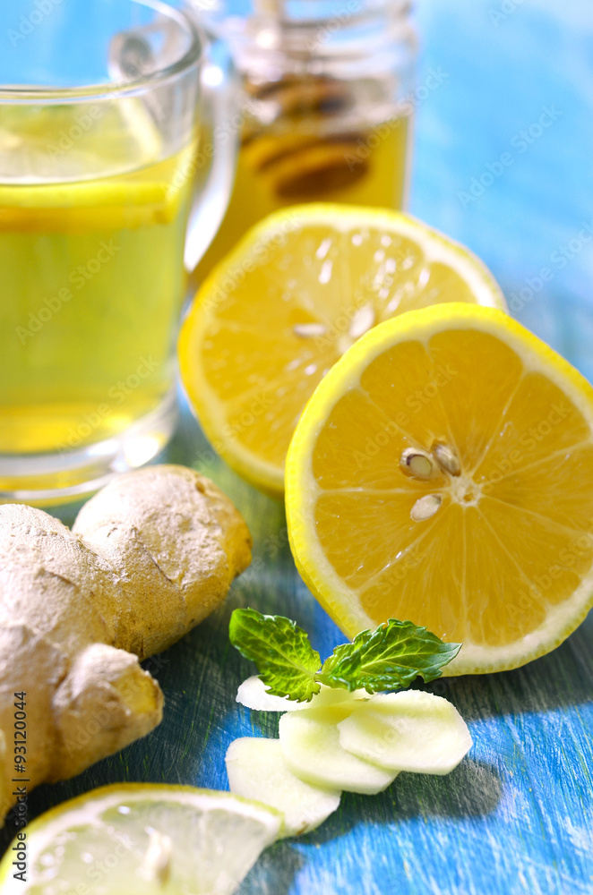 Hot tea with ginger,lemon,honey and mint. Hot tea with ginger,lemon,honey and mint.