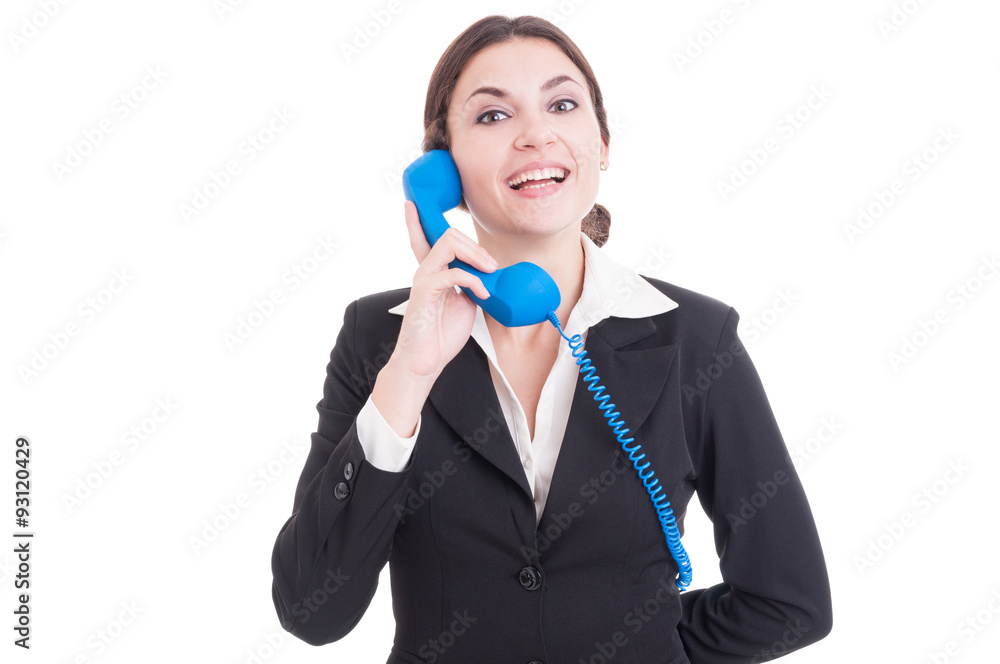 Woman or female contact person answering the phone smiling Woman or female contact person answering the phone smiling